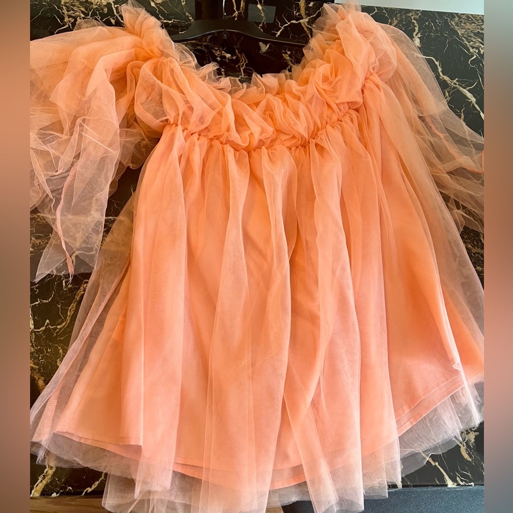 Women's Coral Orange Long Sleeve Ruffle Mesh Party Mini Dress